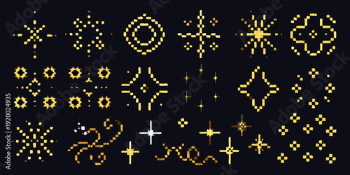 Collection of golden pixelated starbursts and magical glowing symbols