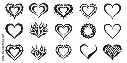 Collection of diverse black heart designs and flame like shapes