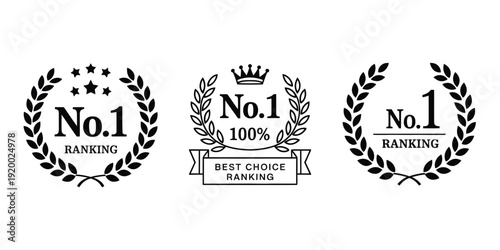 No. 1 rank icon vector illustrating first place award, laurel wreath, and best choice label or badge