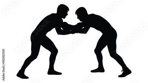 Two silhouetted figures engaged in a physical confrontation or wrestling match. isolated on white background, Vector