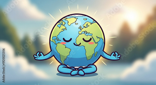 Smiling Earth Meditating in Lotus Position with Aura in Cloudy Sky