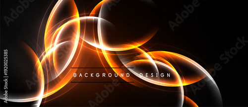 Abstract design features glowing orange curves, white lines over dark background. Text reads background design. Modern, dynamic visual.