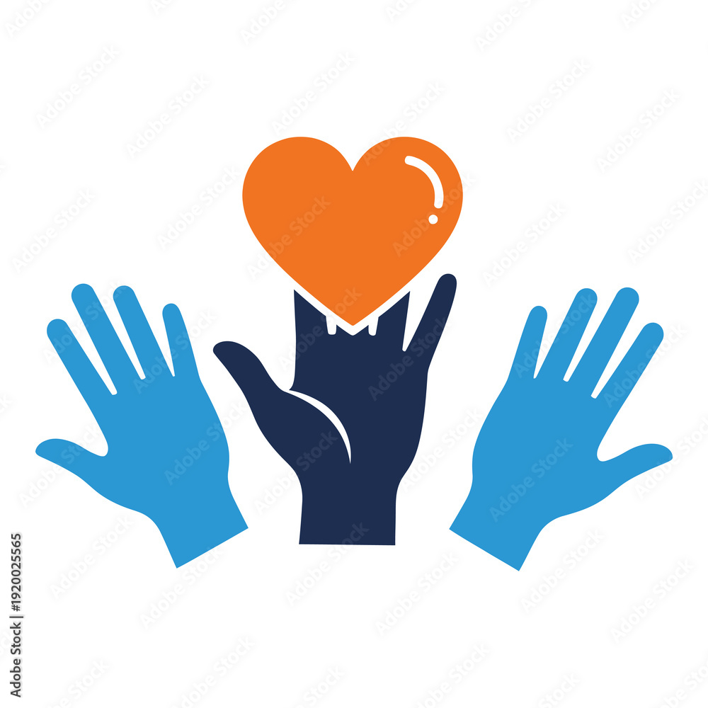 Fototapeta premium Hands reaching for orange heart symbol on white background icon