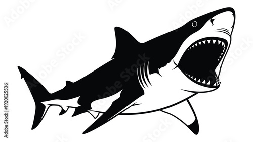 A fierce black and white illustration of a shark with its mouth wide open isolated on white background, Vector