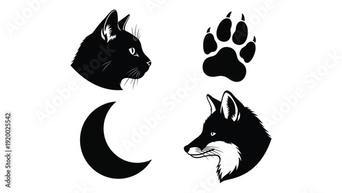 Silhouettes of a cat, a paw print, a moon, and a fox head isolated on white background, Vector