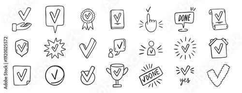 hand drawn Set of Approve Related Vector Line Icons. Contains such Icons as Protection Guarantee, Accepted Document, Quality Check. doodle. Suitable for stickers, logos, posters, packaging and.