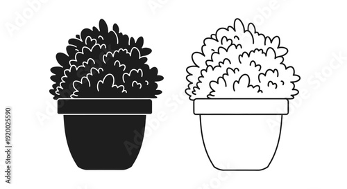 Two black and white potted plants with different leaf designs in modern style Vector