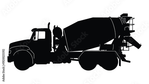 A black and white silhouette of a cement mixer truck on a construction site isolated on white background, Vector