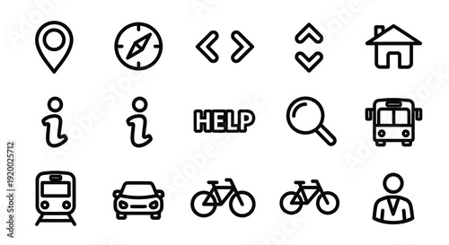 Collection of black line icons representing travel and navigation silhouette