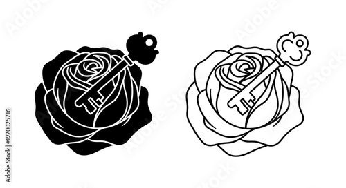 Rose key illustration, minimalist floral design, black and white artwork Vector