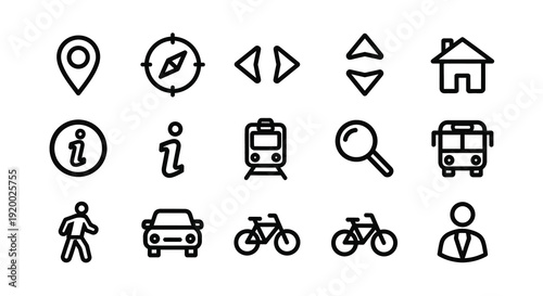 Collection of minimalist outline icons depicting navigation and transport silhouette