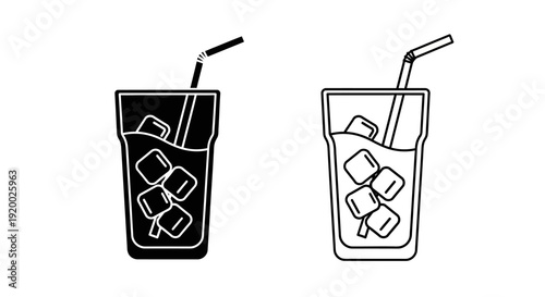 Two glasses of drinks with ice cubes and straws, minimalist black and white illustration Vector