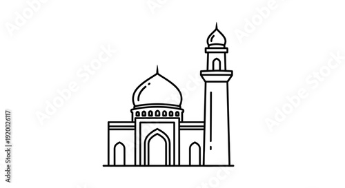 Islamic mosque building icon, simple line art illustration of a traditional mosque with dome and minaret