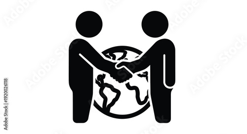 Two figures shaking hands over the earth a global agreement silhouette