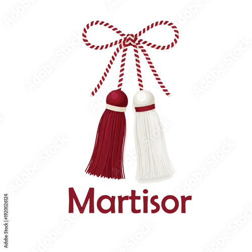 Martisor Romanian spring tradition illustration with red and white tassels tied with twisted string symbolizing renewal and good luck