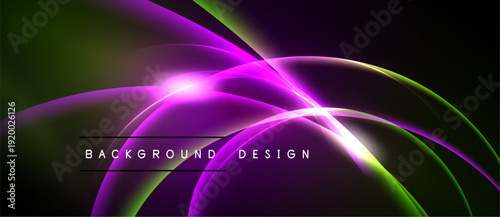 Abstract neon curves, vibrant purple, green hues. Dark background creates dramatic visual effect. Modern design element.