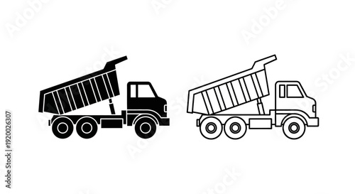 Two dump trucks, heavy machinery, construction vehicles, industrial equipment, black and white Vector