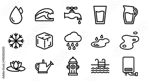 Water themed line icons depicting various forms a silhouette