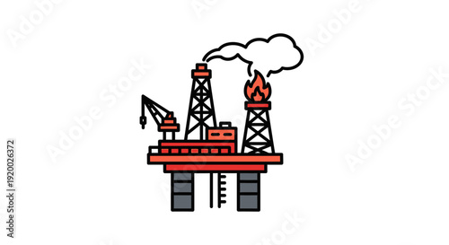 Offshore oil rig illustration with drilling derricks, crane, and flare stack emitting smoke and fire.