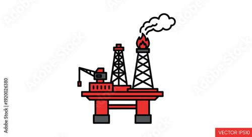 Cartoon illustration of an offshore oil rig with two derricks, one flaring gas and emitting smoke, on a white background.