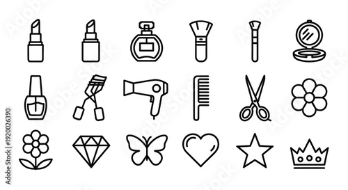 Collection of beauty product and accessory line art silhouette