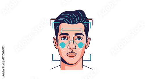 Illustration of a man's face with overlaid digital lines and points, representing facial recognition or biometric scanning technology.