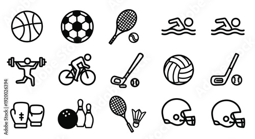 Various sports equipment and activities depicted in black silhouette