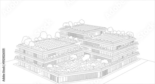 Wireframe architectural rendering of a modern building complex with green roofs and integrated landscaping.