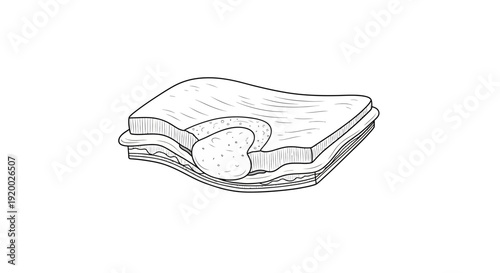 Hand-drawn sketch of a sandwich with a bite taken out, revealing creamy filling.