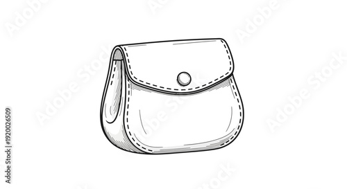 Hand-drawn sketch of a vintage coin purse with a button closure, isolated on white.
