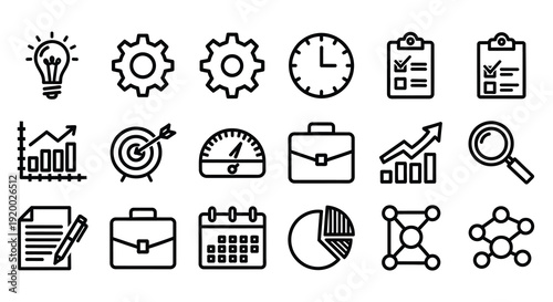 Collection of business and technology icons in linear style silhouette