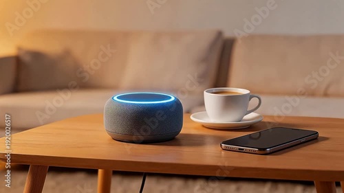 Wallpaper Mural Smart speaker coffee cup and phone on table Torontodigital.ca