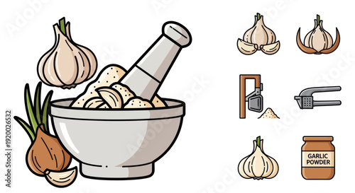 Garlic and Onion Ingredients with Mortar and Pestle, Garlic Press, and Powder Jar