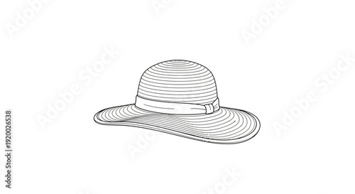 Hand-drawn sketch of a wide-brimmed sun hat with a ribbon band, isolated on white.