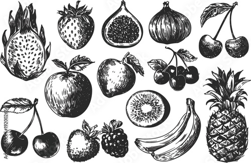 Tropical fruit halftone grunge vector set, retro pop art style, isolated on white background, high contrast, editable EPS