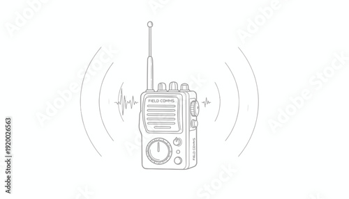 Handheld walkie-talkie radio transmitting signals, communication device, line art illustration