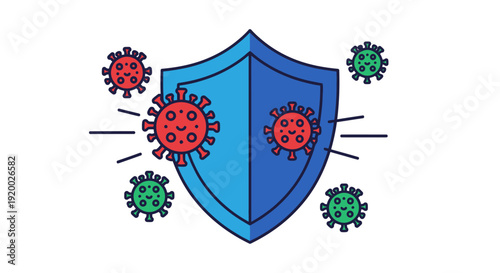 A blue shield protecting against cartoon virus particles, symbolizing immunity and defense.