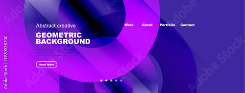 Abstract website header design. Vibrant purple, blue gradients dominate. Text highlights geometric background, includes navigation options.