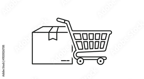 Shopping cart with a cardboard box a simple outline silhouette