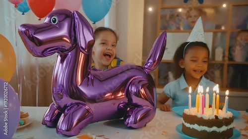 Happy children laugh and smile while celebrating a birthday party with a fun purple balloon dog.