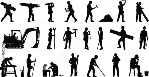 Construction worker and builder silhouettes with tools and machinery, industrial labor vector illustration isolated on white background