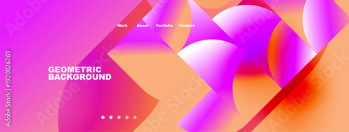Abstract geometric background. Vibrant pink, orange hues blend. Navigation menu present, dots indicate sections. Modern design elements visible.