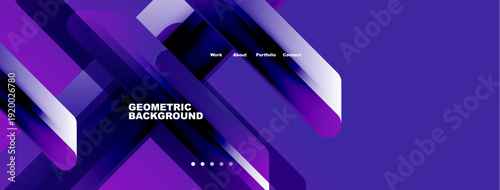 Abstract geometric background. Purple, blue gradients dominate design. Navigation includes work, about, portfolio, contact options.