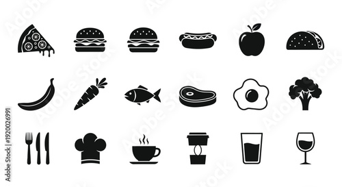 Various food items depicted in a stark black silhouette
