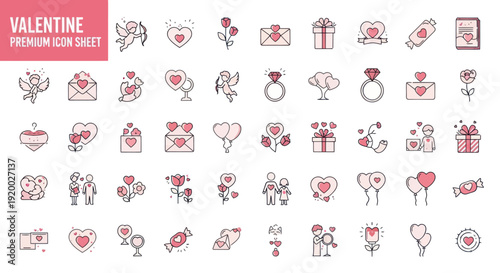 Valentine's Day Icon Set: Hearts, Cupid, Gifts, Rings, Love Symbols