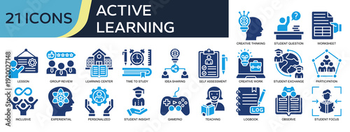 Collection of Active Learning icons, related to Creative Thinking, Learning Center, Idea Sharing, Teaching, Personalized and more. Solid icons vector illustation.
