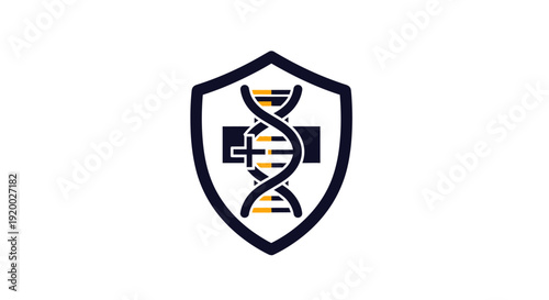 A stylized shield logo featuring a DNA helix and a medical cross, symbolizing genetic protection and health.