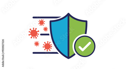 Blue and green shield icon protecting against red virus particles with a green checkmark indicating security.