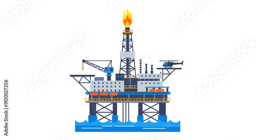 Offshore oil rig platform with a burning flare, a helicopter, and industrial structures in the ocean, illustrating energy production.