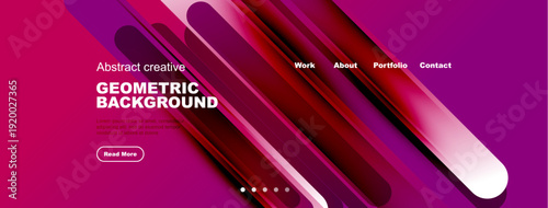 Abstract geometric background. Pink, purple gradients create dynamic visual effect. Text elements present, navigation visible.